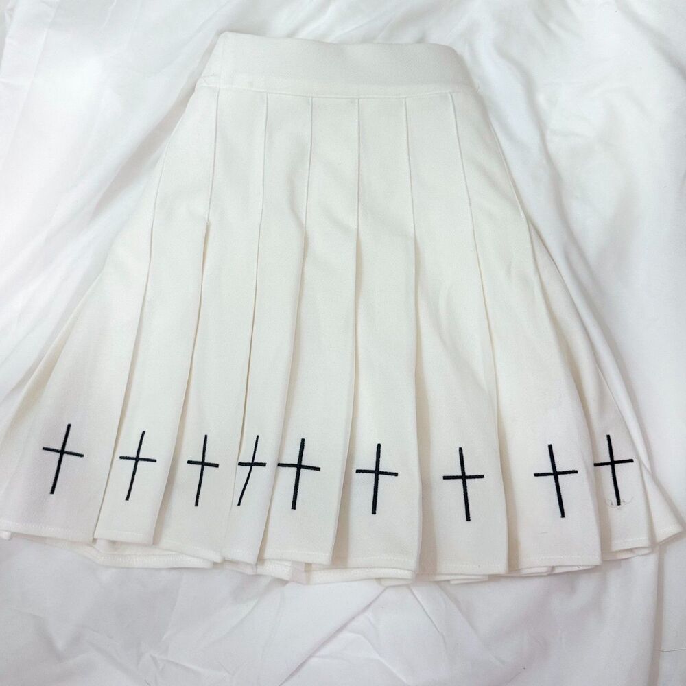 White Pleated Mini Skirt with Crosses – Medium